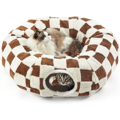 Plaid 2-In-1 Tunnel Bed for Cats - Detachable Donut Design, Hidden Play Space, Washable Circle Cushion, Studded Grip Base, Interactive Toy Balls, High-Quality Materials, Cozy Retreat for Indoor Kittens/Cats up to 15 Lbs