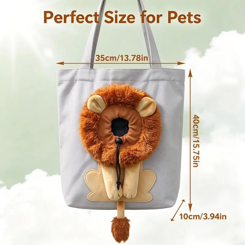 Lion Shaped Head Out Pet Tote Bag - Breathable Canvas Dog Cat Carrier, Soft Portable Safety Bag for Small Dogs Cats Puppy Indoor Outdoor Travel (Silver Grey)