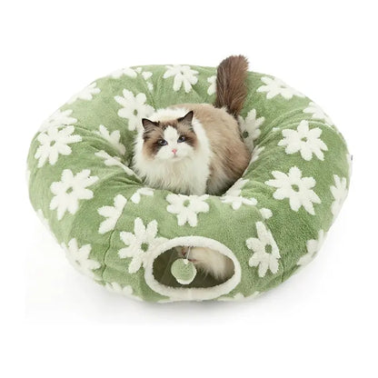 Plaid 2-In-1 Tunnel Bed for Cats - Detachable Donut Design, Hidden Play Space, Washable Circle Cushion, Studded Grip Base, Interactive Toy Balls, High-Quality Materials, Cozy Retreat for Indoor Kittens/Cats up to 15 Lbs