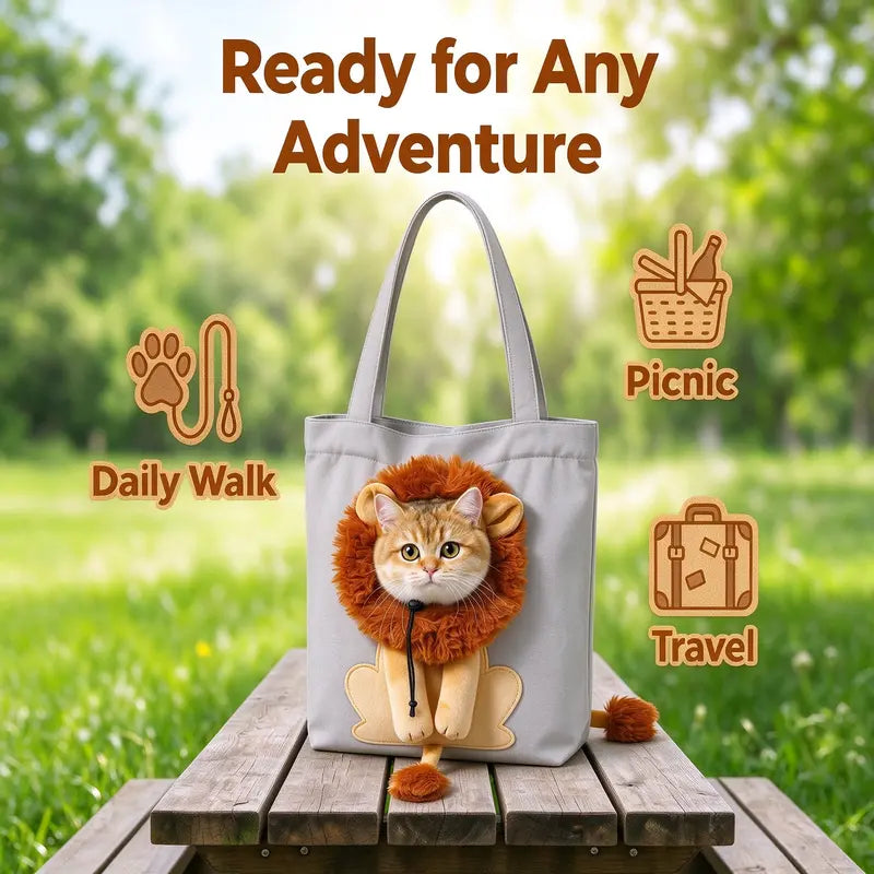 Lion Shaped Head Out Pet Tote Bag - Breathable Canvas Dog Cat Carrier, Soft Portable Safety Bag for Small Dogs Cats Puppy Indoor Outdoor Travel (Silver Grey)