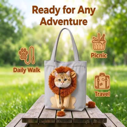 Lion Shaped Head Out Pet Tote Bag - Breathable Canvas Dog Cat Carrier, Soft Portable Safety Bag for Small Dogs Cats Puppy Indoor Outdoor Travel (Silver Grey)