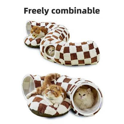 Plaid 2-In-1 Tunnel Bed for Cats - Detachable Donut Design, Hidden Play Space, Washable Circle Cushion, Studded Grip Base, Interactive Toy Balls, High-Quality Materials, Cozy Retreat for Indoor Kittens/Cats up to 15 Lbs
