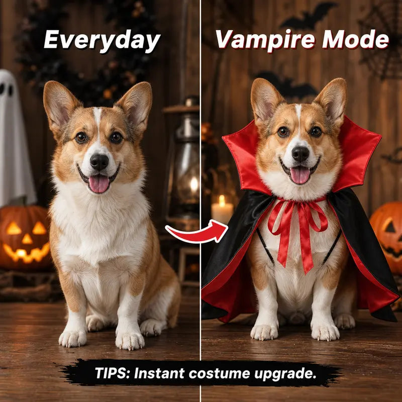 Pet Vampire Cape & Bat Wings Clothing Set - Fun Look Halloween Party Wear for Small to Large Cats and Dogs, Measure Neck for Proper Fit,Familyfun