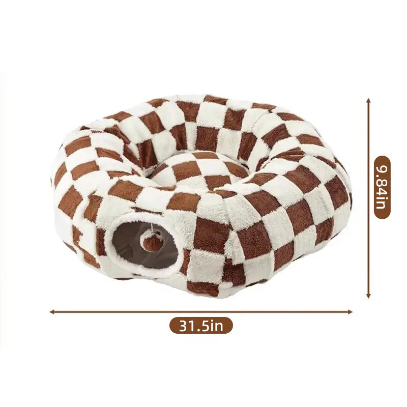 Plaid 2-In-1 Tunnel Bed for Cats - Detachable Donut Design, Hidden Play Space, Washable Circle Cushion, Studded Grip Base, Interactive Toy Balls, High-Quality Materials, Cozy Retreat for Indoor Kittens/Cats up to 15 Lbs