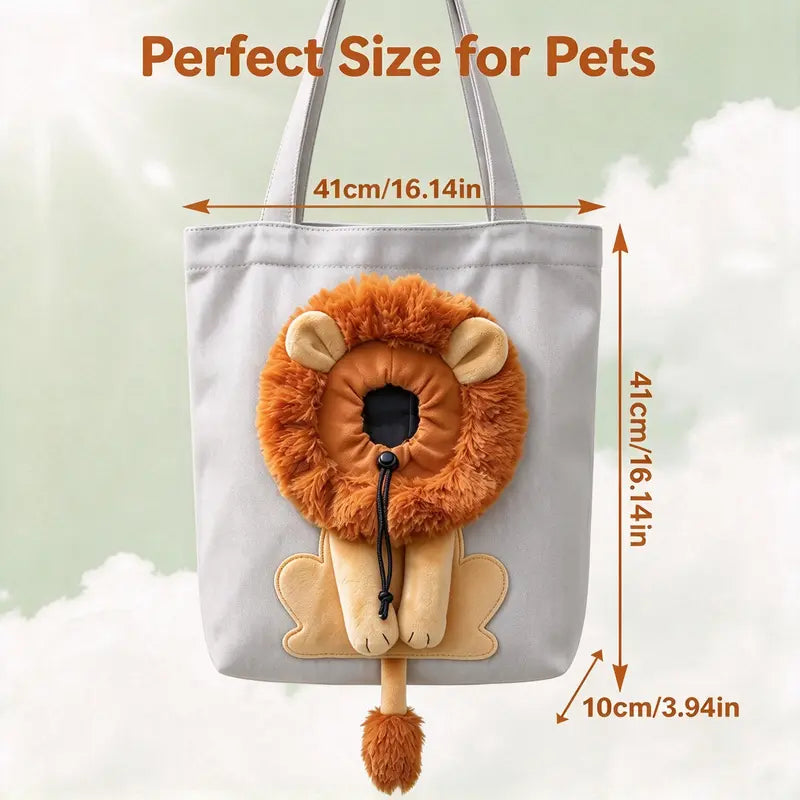 Lion Shaped Head Out Pet Tote Bag - Breathable Canvas Dog Cat Carrier, Soft Portable Safety Bag for Small Dogs Cats Puppy Indoor Outdoor Travel (Silver Grey)
