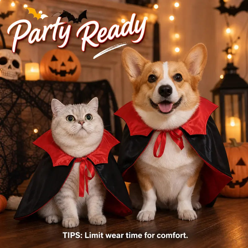 Pet Vampire Cape & Bat Wings Clothing Set - Fun Look Halloween Party Wear for Small to Large Cats and Dogs, Measure Neck for Proper Fit,Familyfun
