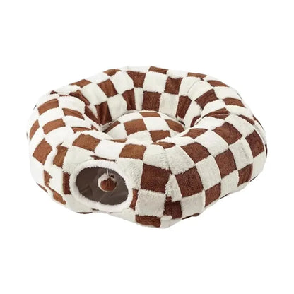 Plaid 2-In-1 Tunnel Bed for Cats - Detachable Donut Design, Hidden Play Space, Washable Circle Cushion, Studded Grip Base, Interactive Toy Balls, High-Quality Materials, Cozy Retreat for Indoor Kittens/Cats up to 15 Lbs